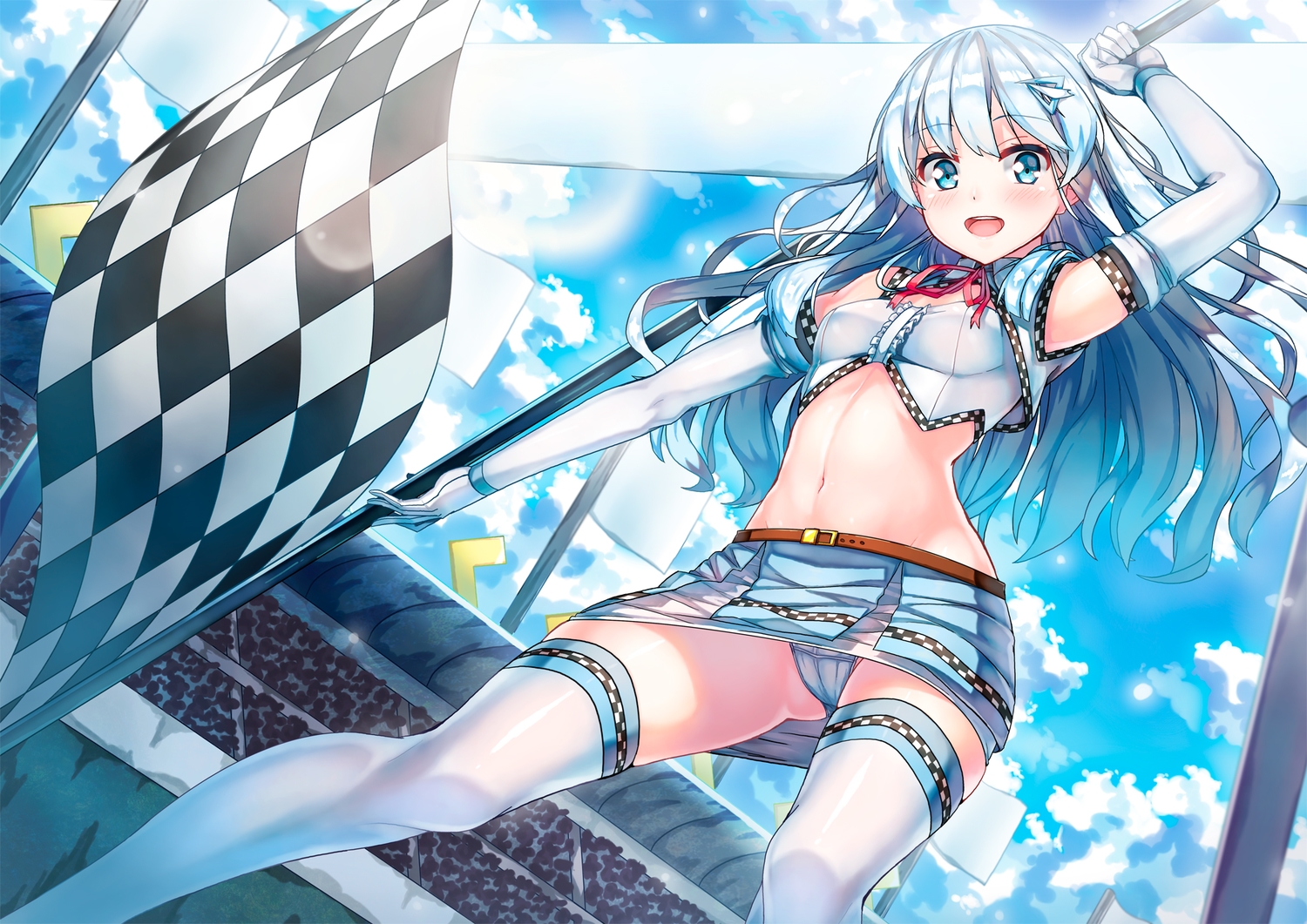 90i, aliasing, anthropomorphism, blue_eyes, cameltoe, clouds, elbow_gloves, gloves, kuuki_shoujo, long_hair, navel, panties, skirt, the_personfication_of_atmosphere, thighhighs, underwear, upskirt, white_hair