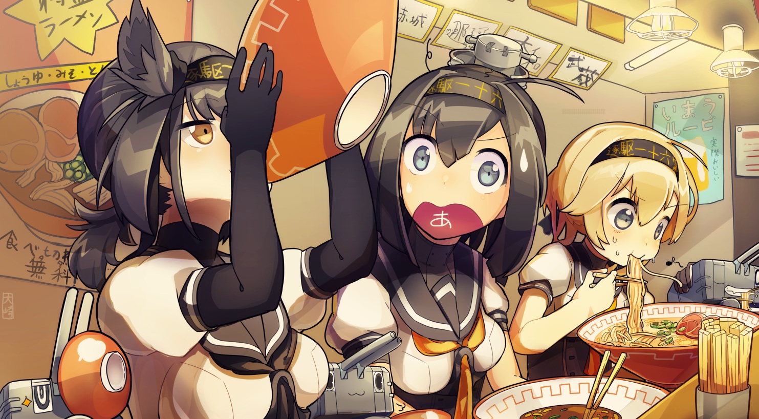 akizuki_(kancolle), anthropomorphism, black_hair, blonde_hair, blue_eyes, cat_smile, food, gray_eyes, hatsuzuki_(kancolle), headband, kantai_collection, osaki_naya, ponytail, school_uniform, short_hair, teruzuki_(kancolle), yellow_eyes