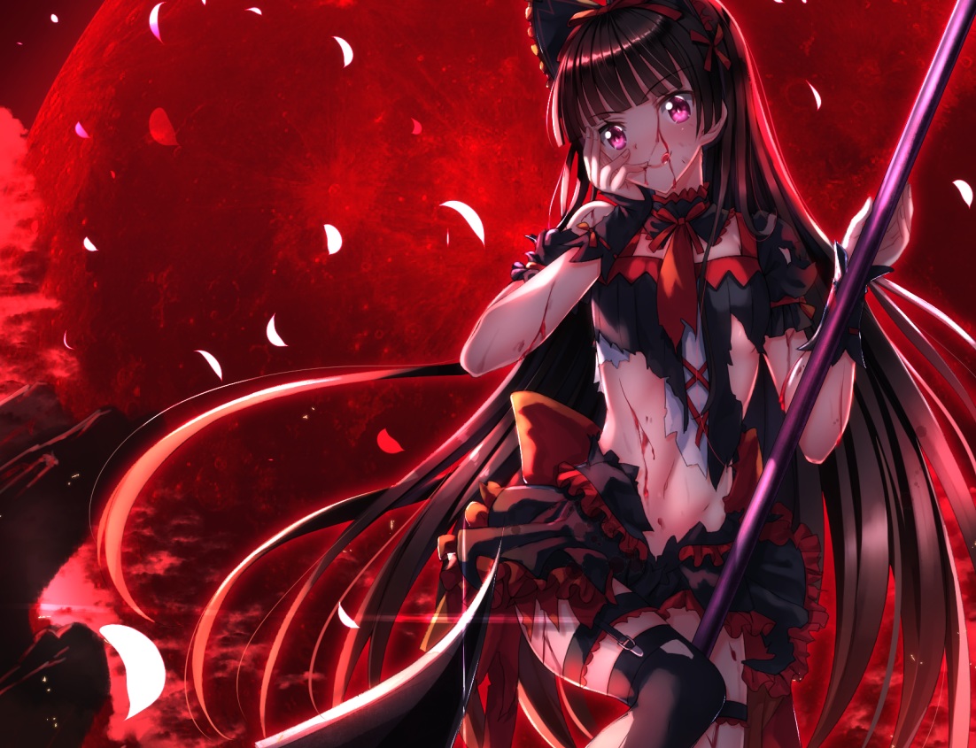 blood, bow, cropped, gate_-_jieitai_ka_no_chi_nite_kaku_tatakaeri, long_hair, navel, petals, pink_eyes, rory_mercury, skirt, stockings, swordsouls, thighhighs, torn_clothes