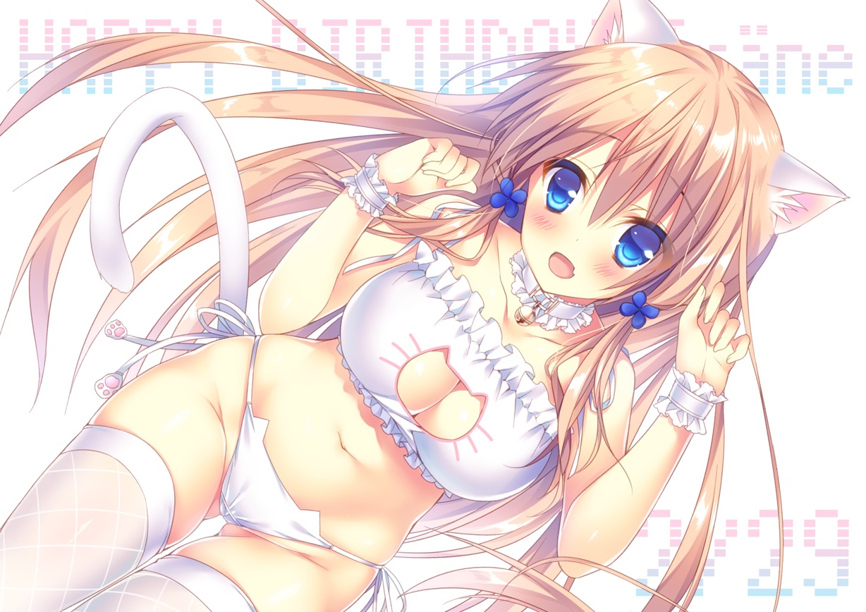 animal_ears, aqua_eyes, bell, blonde_hair, bra, breasts, catgirl, choker, cleavage, long_hair, original, panties, sorai_shinya, tail, traene_(sorai_shinya), underwear, white, wristwear