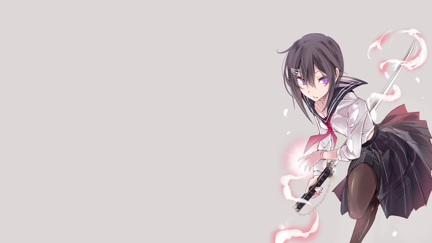 katana, original, pantyhose, purple_eyes, purple_hair, school_uniform, short_hair, sword
