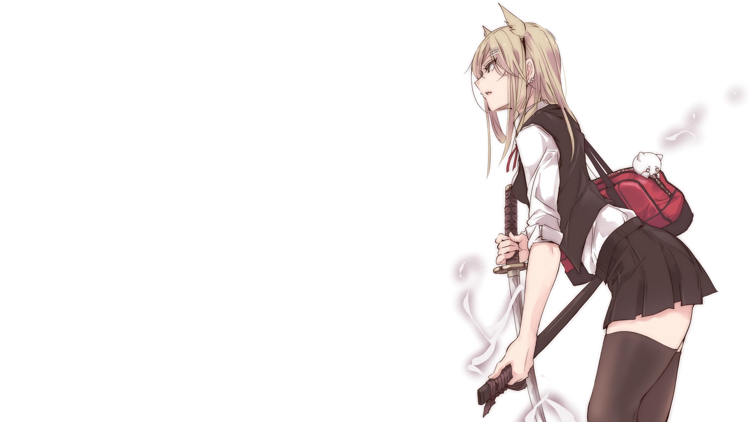 animal_ears, blonde_hair, katana, long_hair, original, school_uniform, skirt, sword