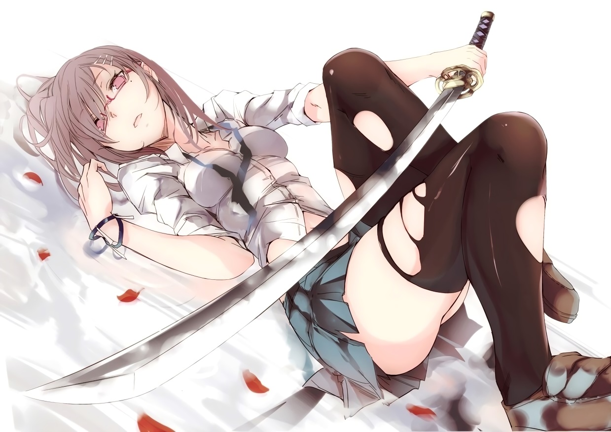 glasses, katana, original, pink_eyes, pink_hair, skirt, sword, thighhighs, torn_clothes, touma_kisa, weapon