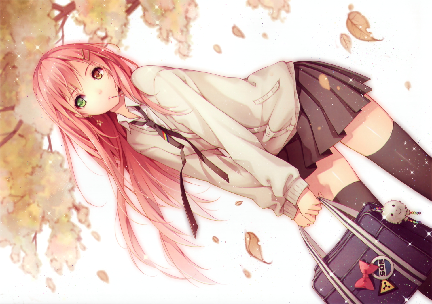bicolored_eyes, bow, leaves, long_hair, niya, original, pink_hair, scan