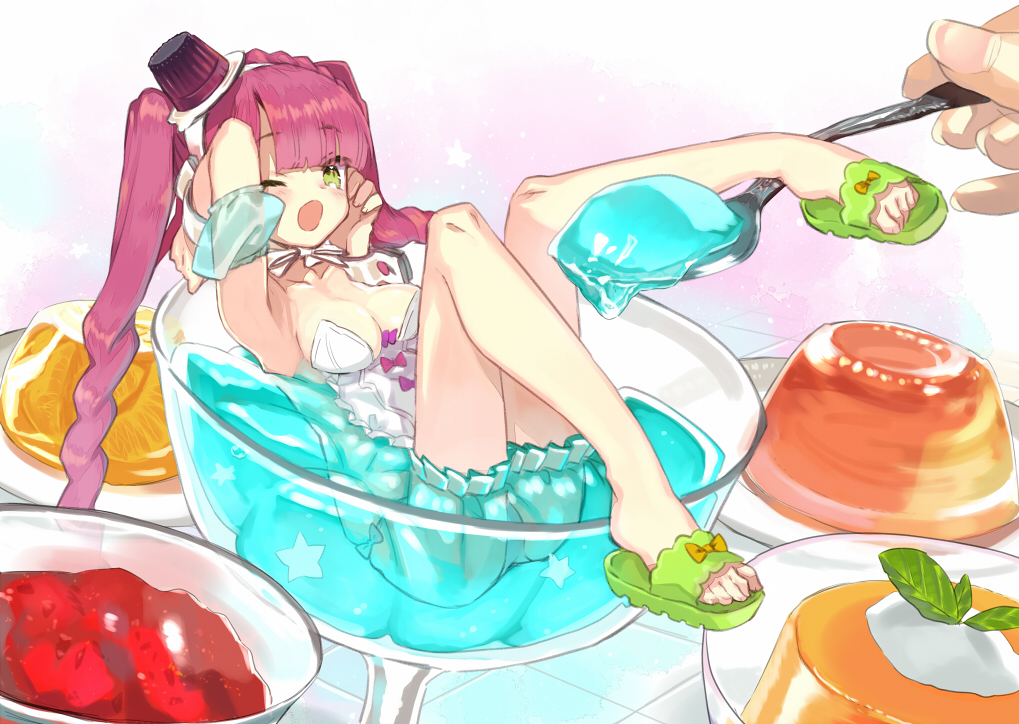 bloomers, bow, breasts, cleavage, collar, food, green_eyes, headband, long_hair, miyoshino, original, pink_hair, twintails, wink