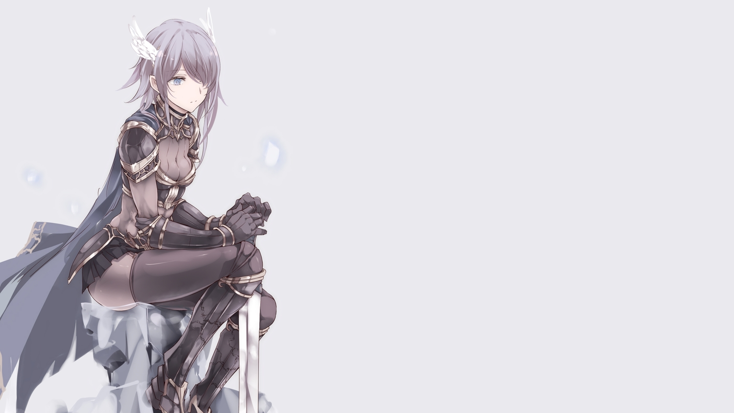 armor, blue_eyes, cape, gloves, gray_hair, original, short_hair, skirt