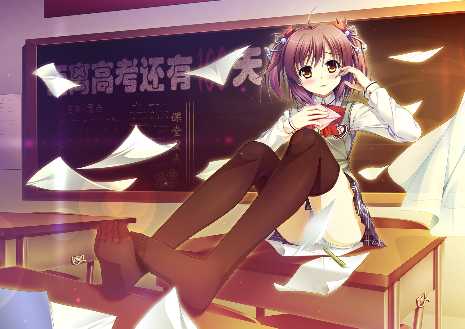 33paradox, blush, original, paper, school_uniform, skirt, sunset, thighhighs