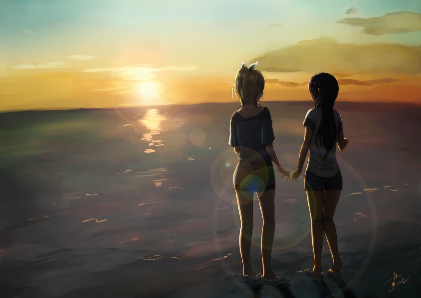 2girls, ayase_eri, barefoot, clouds, long_hair, love_live!_school_idol_project, signed, sky