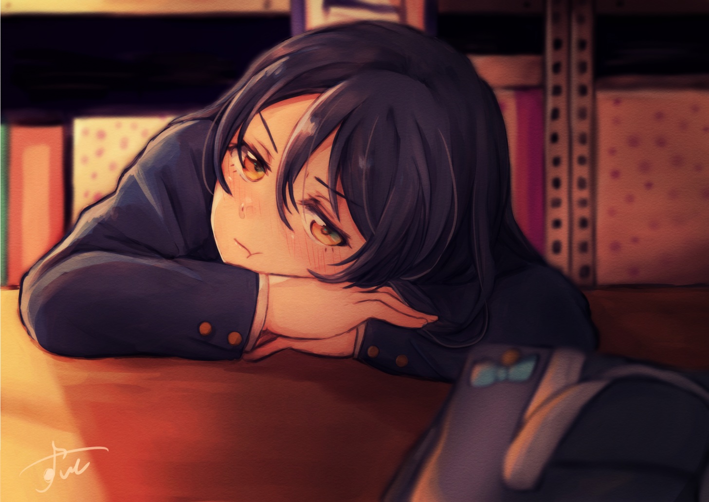 blue_hair, blush, long_hair, love_live!_school_idol_project, orange_eyes, school_uniform, signed, sonoda_umi, suito