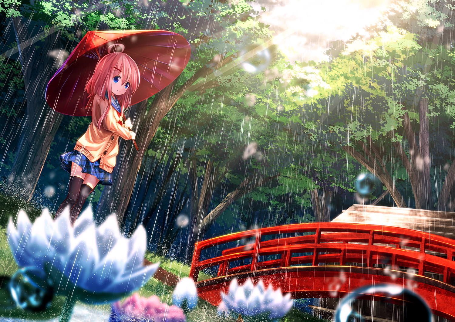 aliasing, blue_eyes, flowers, kagayan1096, original, pink_hair, rain, skirt, thighhighs, tree, umbrella, water