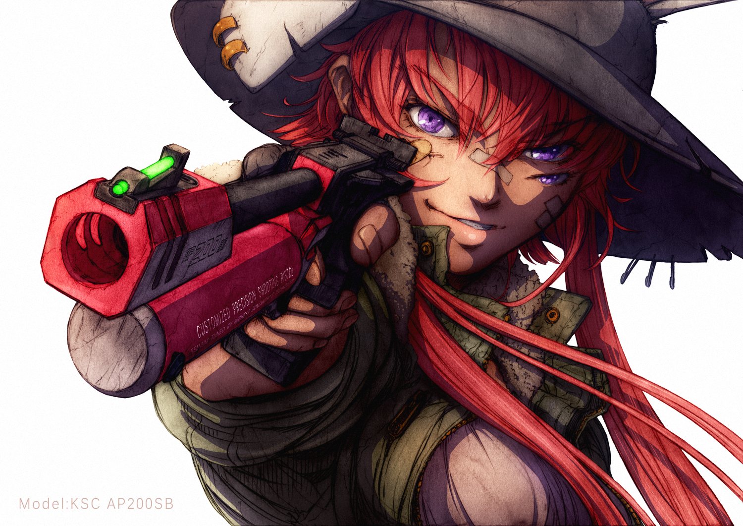 bandaid, gun, hat, imizu_(nitro_unknown), long_hair, original, purple_eyes, red_hair