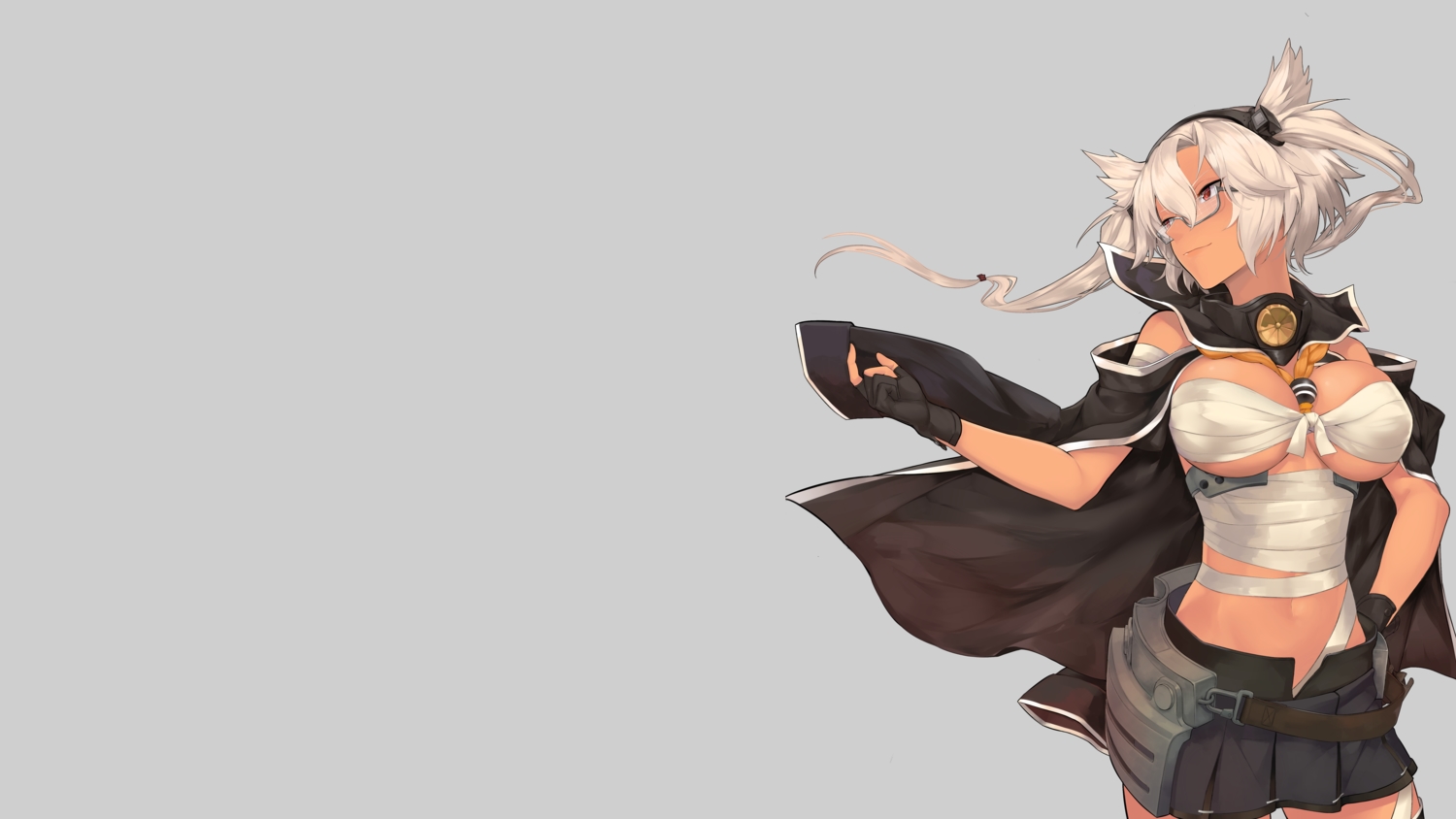 anthropomorphism, bandage, breasts, cleavage, dark_skin, glasses, gloves, headband