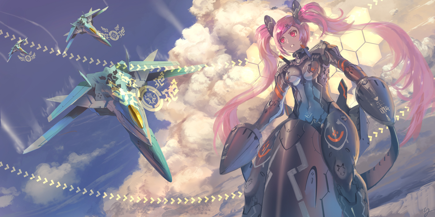 aircraft, bodysuit, clouds, long_hair, mecha, mechagirl, original, pink_eyes
