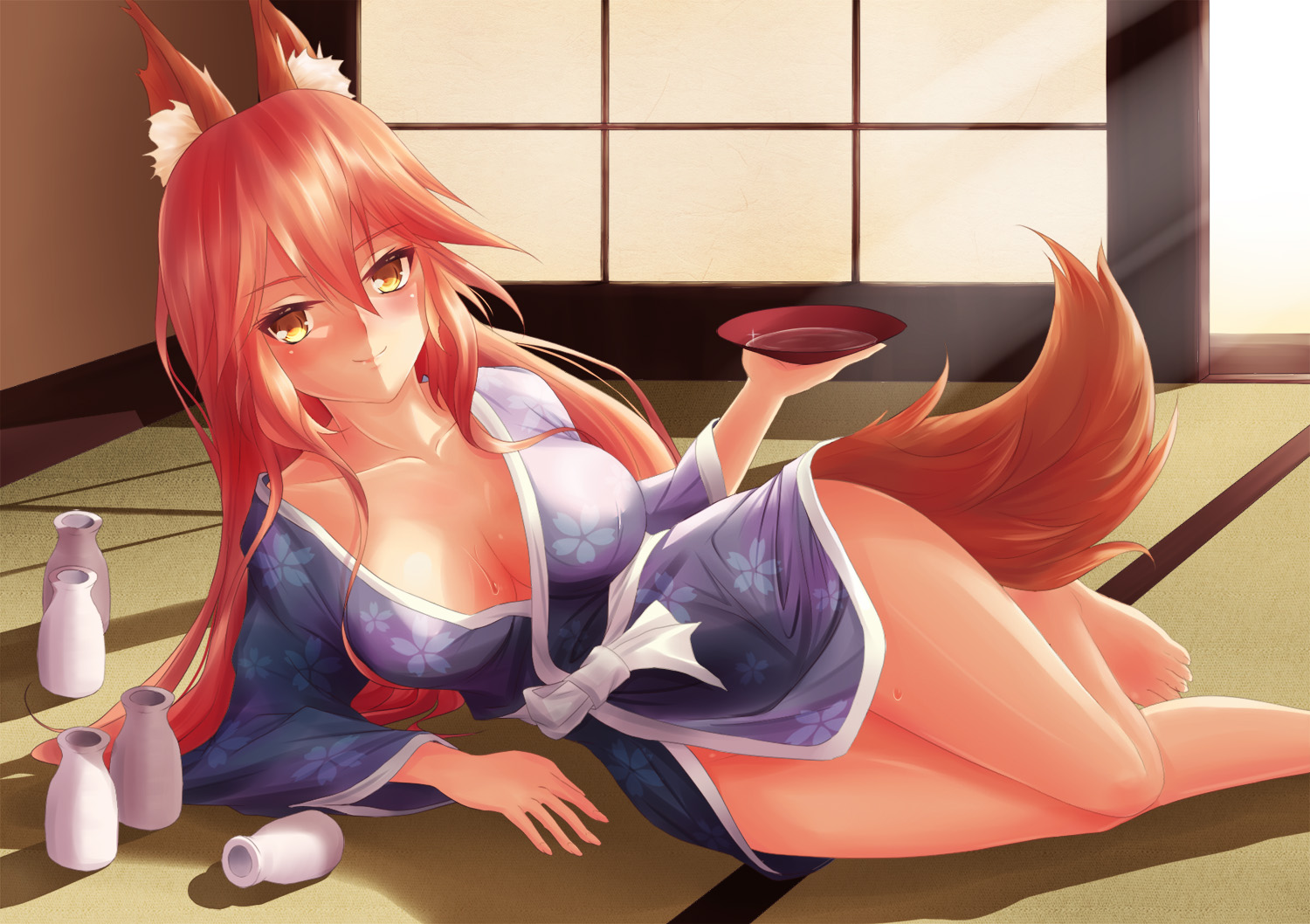 ahsiu, animal_ears, barefoot, blush, breasts, cleavage, drink, fate/extra, fate/grand_order, fate_(series), fate/stay_night, foxgirl, japanese_clothes, jpeg_artifacts, long_hair, pink_hair, sake, tail, tamamo_no_mae_(fate), yellow_eyes, yukata