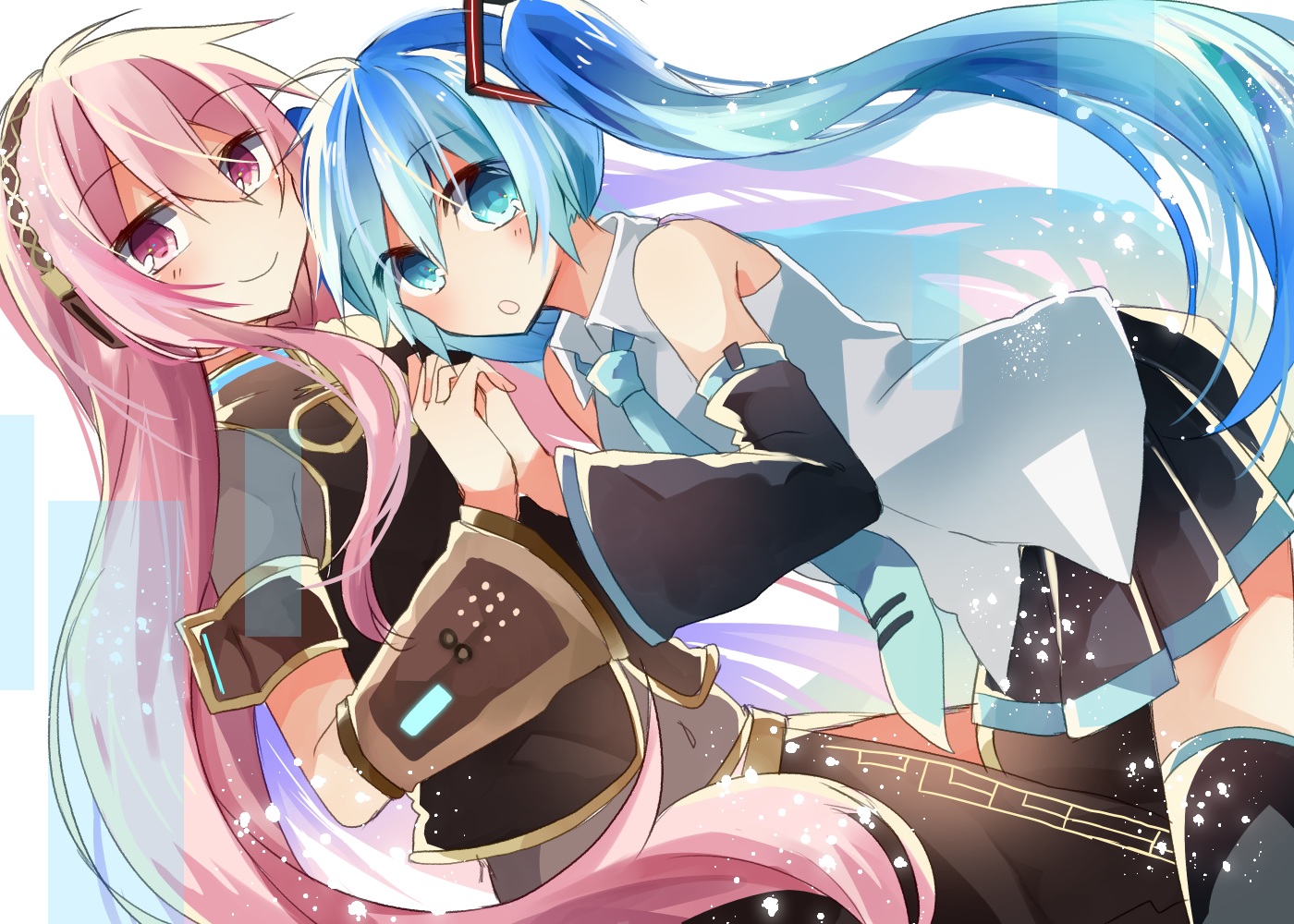 2girls, aliasing, aqua_eyes, aqua_hair, hatsune_miku, headband, long_hair, megurine_luka