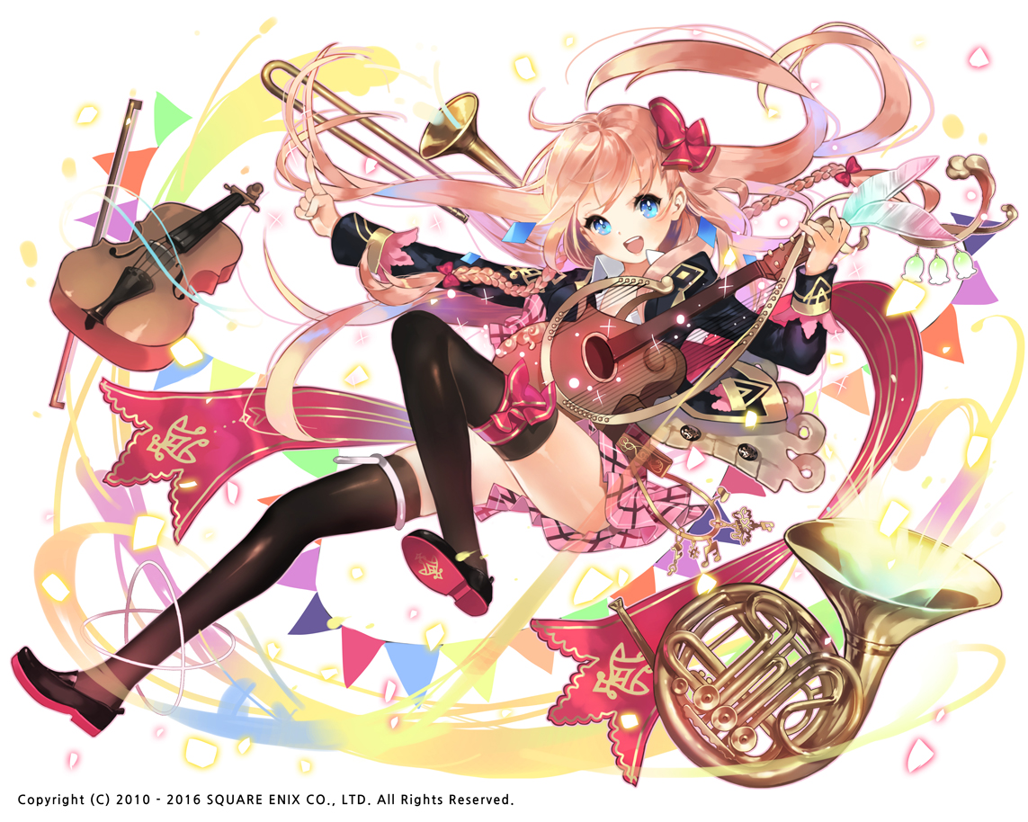 aqua_eyes, blonde_hair, bow, braids, guitar, instrument, kaku-san-sei_million_arthur, long_hair