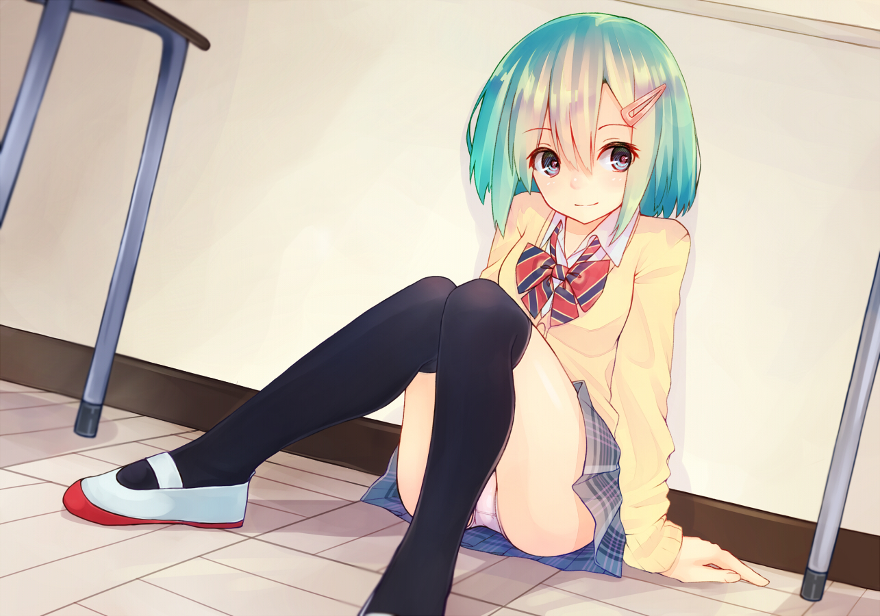 aqua_eyes, aqua_hair, bow, original, panties, school_uniform, shirai_tanuki, short_hair, takeda_emi, thighhighs, underwear