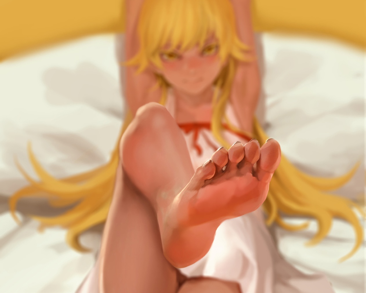 as109, bakemonogatari, barefoot, bed, blonde_hair, blush, cropped, dress