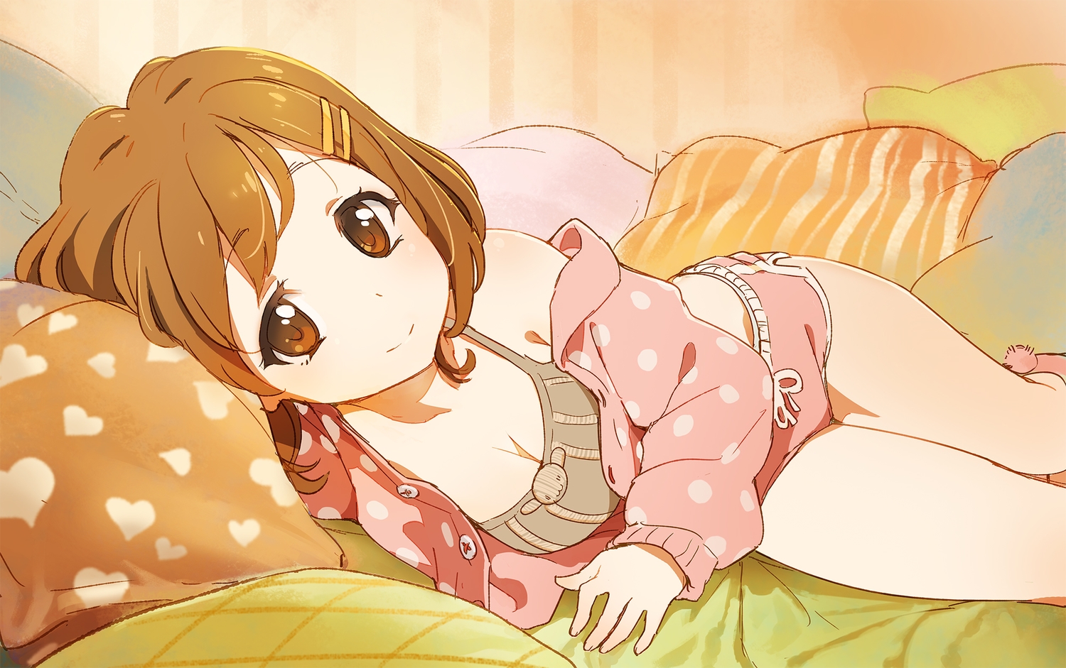 bed, breasts, brown_eyes, brown_hair, cleavage, hirasawa_yui, k-on!, short_hair, shorts, tim_loechner