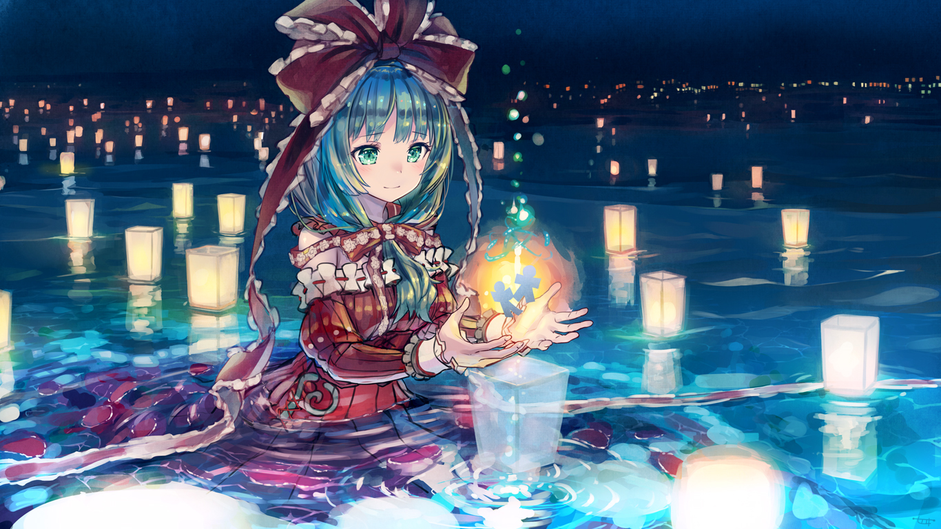 blue_hair, bow, green_eyes, headdress, kagiyama_hina, kurobuta_gekkan, lolita_fashion, magic