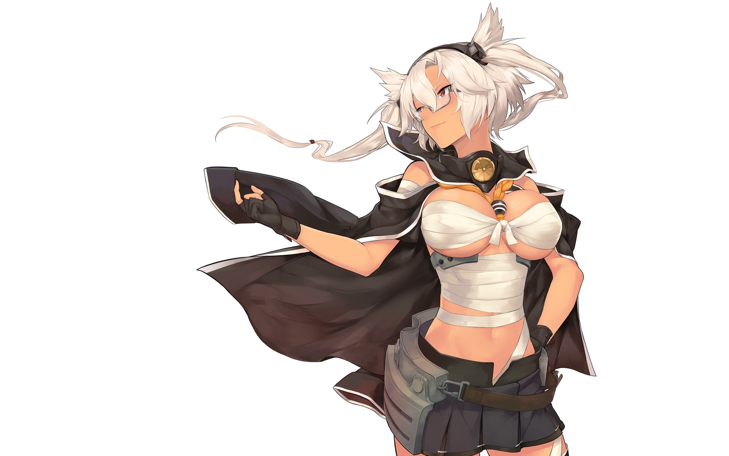 anthropomorphism, bandage, breasts, cleavage, dark_skin, glasses, gloves, headband, kantai_collection, musashi_(kancolle), red_eyes, sarashi, third-party_edit, underwear, white, white_hair, yagitome87