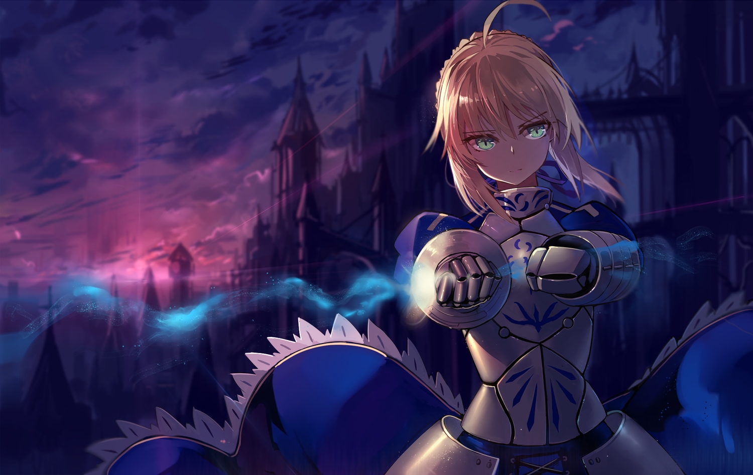 armor, artoria_pendragon_(all), blonde_hair, building, clouds, fate_(series), fate/stay_night, green_eyes