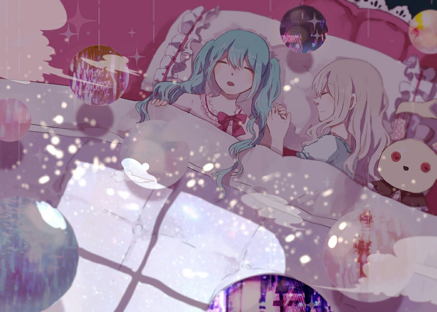 2girls, aqua_hair, bed, blonde_hair, bow, danjou_sora, hatsune_miku, long_hair, mayu_(vocaloid), shoujo_ai, sleeping, twintails, vocaloid