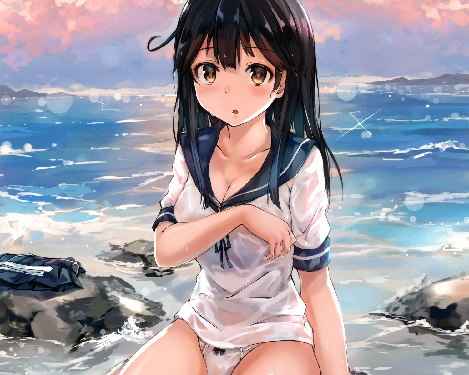 anthropomorphism, black_hair, blush, breasts, brown_eyes, cleavage, cropped, kantai_collection, long_hair, maki_pei, panties, school_uniform, underwear, ushio_(kancolle), water, wet