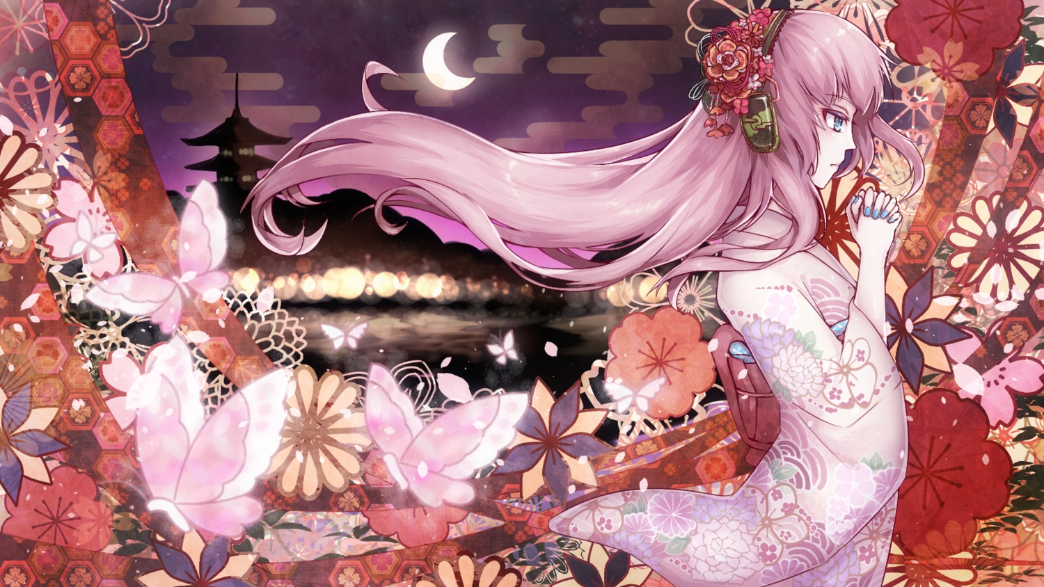 aliasing, aqua_eyes, building, butterfly, headdress, headphones, japanese_clothes, kimono