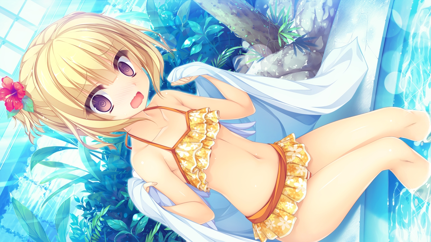 bikini, blonde_hair, blush, flat_chest, game_cg, leaves, mikagami_mamizu, navel, parfil_(world_election), pool, purple_eyes, short_hair, swimsuit, water, whirlpool, world_election