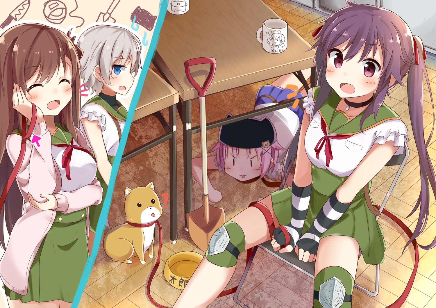 animal, dog, ebisuzawa_kurumi, gakkou_gurashi!, naoki_miki, sasahara_wakaba, school_uniform, takeya_yuki