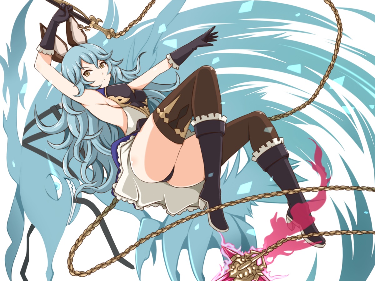 animal_ears, aqua_hair, ass, azuki_(azki0214dai_z), boots, breasts, brown_eyes, erect_nipples, ferri_(granblue_fantasy), gloves, granblue_fantasy, long_hair, panties, sideboob, thighhighs, underwear, weapon