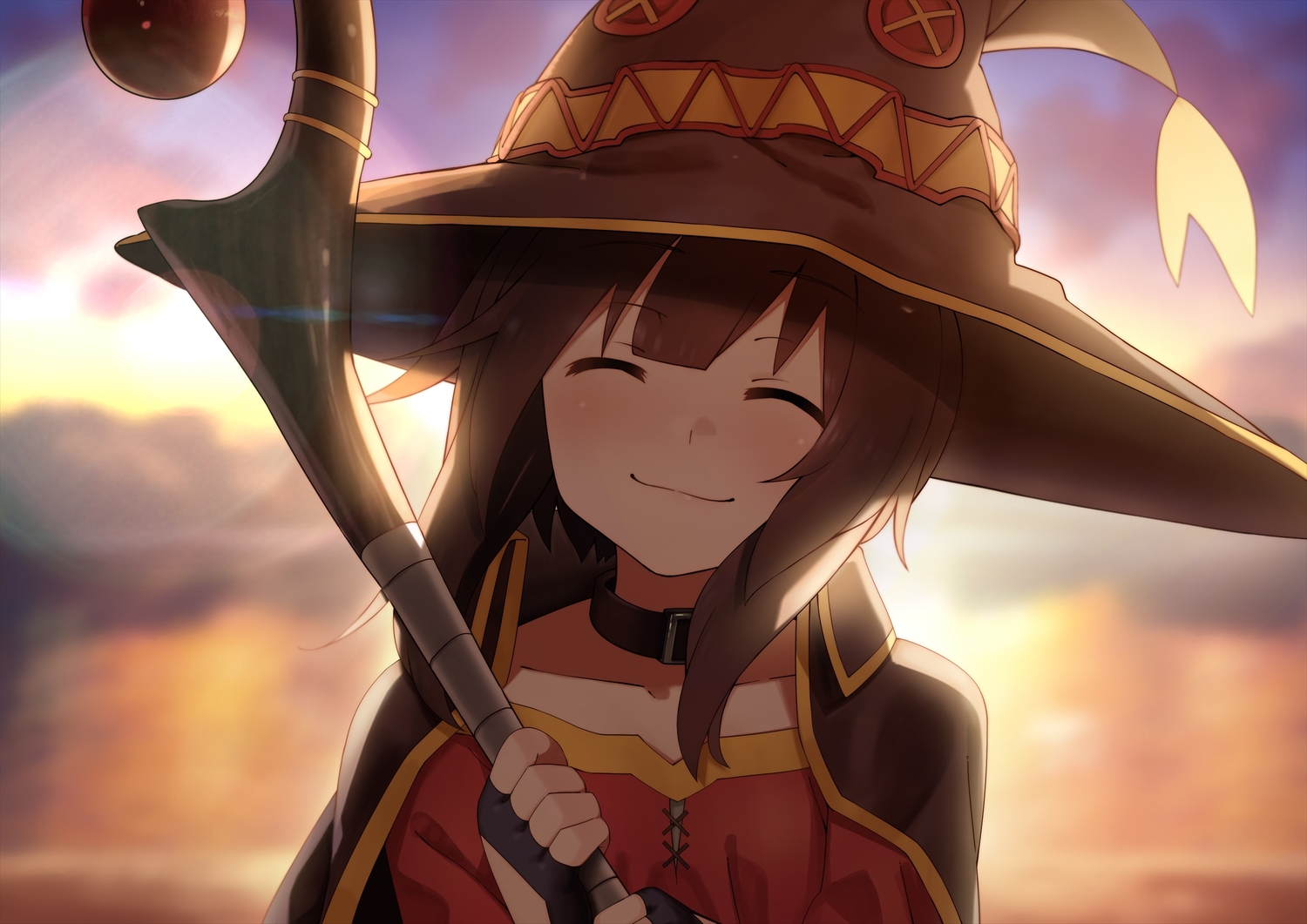 blush, brown_hair, close, collar, dacchi, gloves, hat, kono_subarashii_sekai_ni_shukufuku_wo!, mage, megumin, staff, sunset, witch, witch_hat