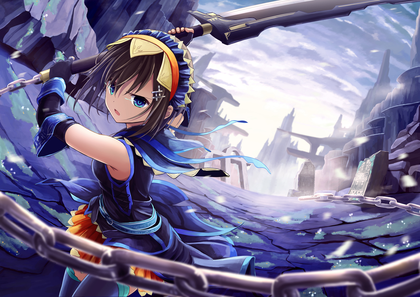 aqua_eyes, brown_hair, chain, clouds, elbow_gloves, gloves, headdress, lark, original, ruins, short_hair, skirt, sky, sword, thighhighs, weapon