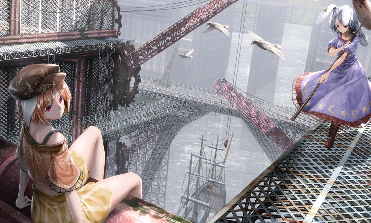 2girls, animal, animal_ears, bird, blonde_hair, blue_hair, boots, braids