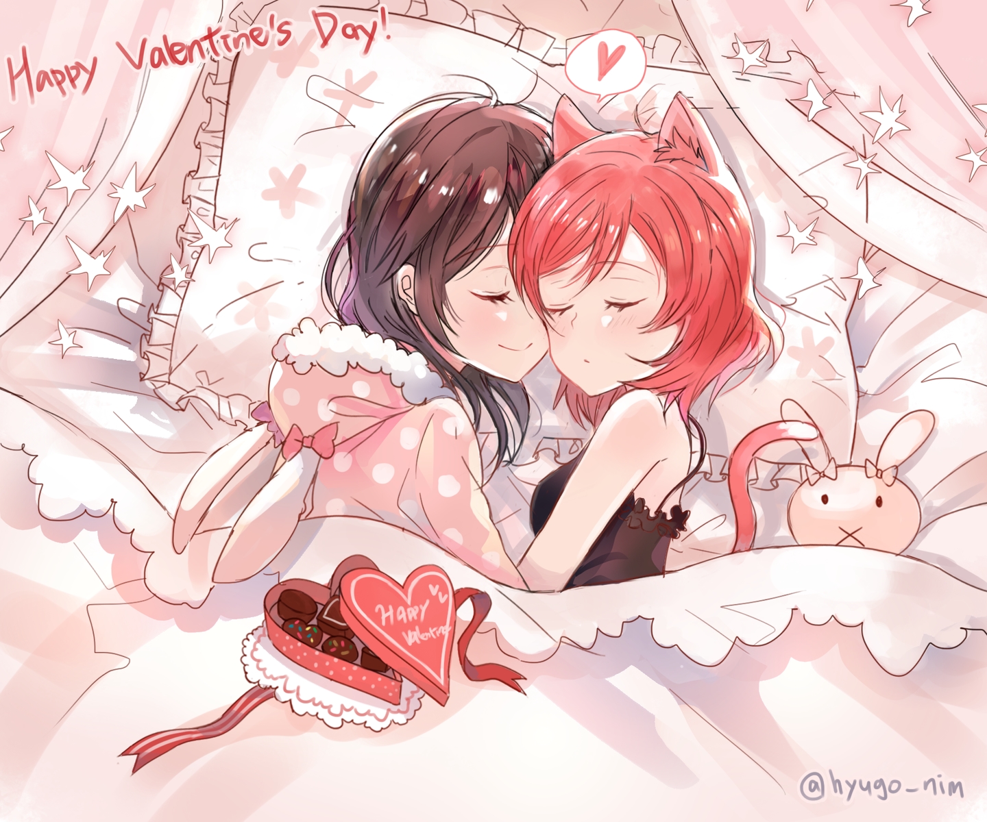 animal_ears, bed, black_hair, blush, bunny, candy, catgirl, chocolate, heart, hood, hyugo, love_live!_school_idol_project, nishikino_maki, pajamas, red_hair, shoujo_ai, sleeping, tail, valentine, yazawa_nico