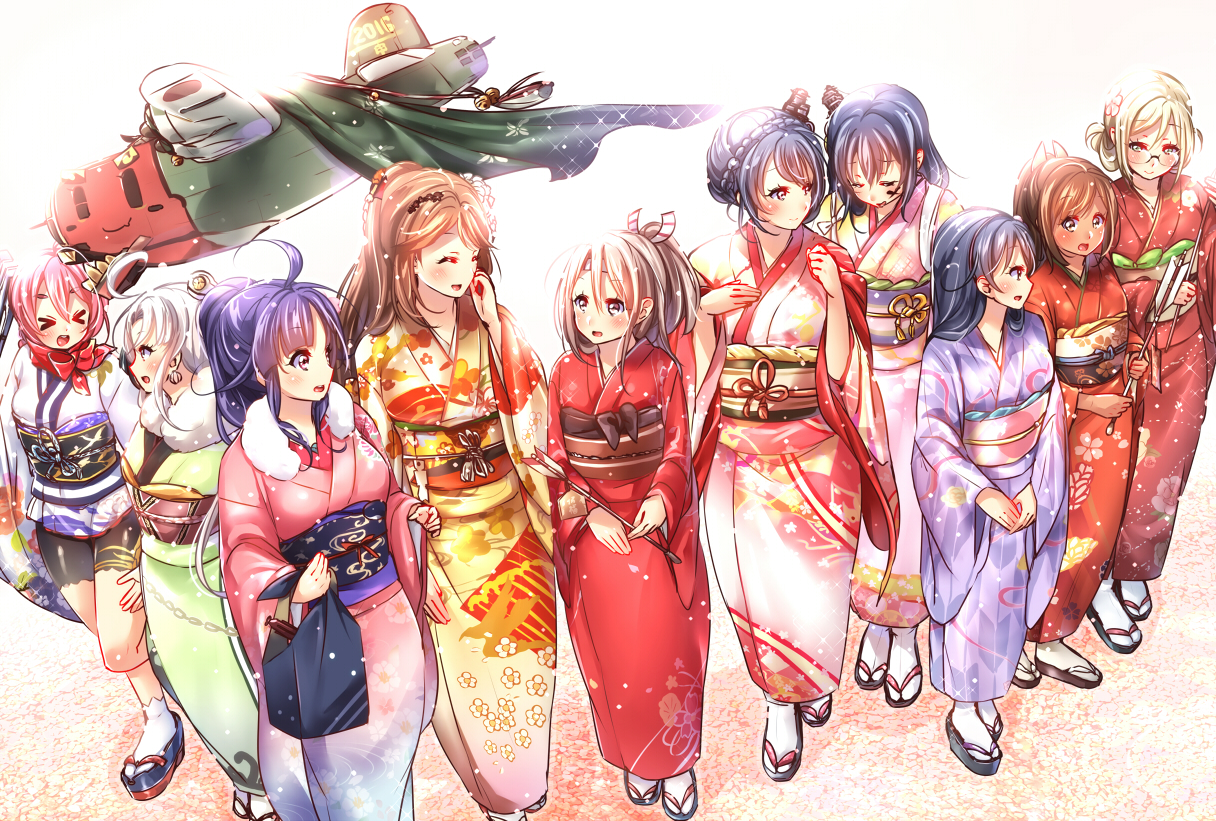 aircraft, akitsushima_(kancolle), amagi_(kancolle), anthropomorphism, black_hair, blonde_hair, brown_hair, dark_skin