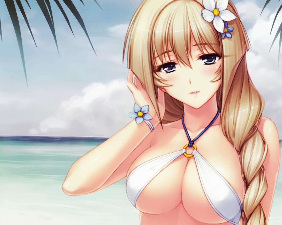 bikini, blonde_hair, breasts, cleavage, cropped, gray_eyes, muv-luv, sayori
