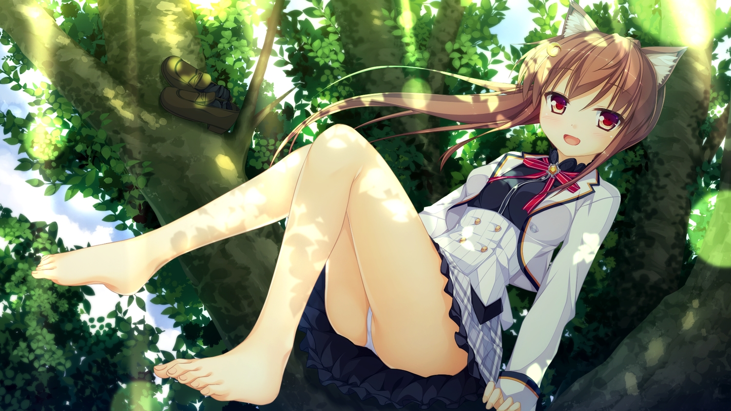 animal_ears, barefoot, bow, brown_hair, faura_linans, game_cg, leaves, long_hair, panties, ponytail, red_eyes, ribbons, school_uniform, tagme_(artist), tree, underwear, upskirt, whirlpool, wolfgirl, world_election