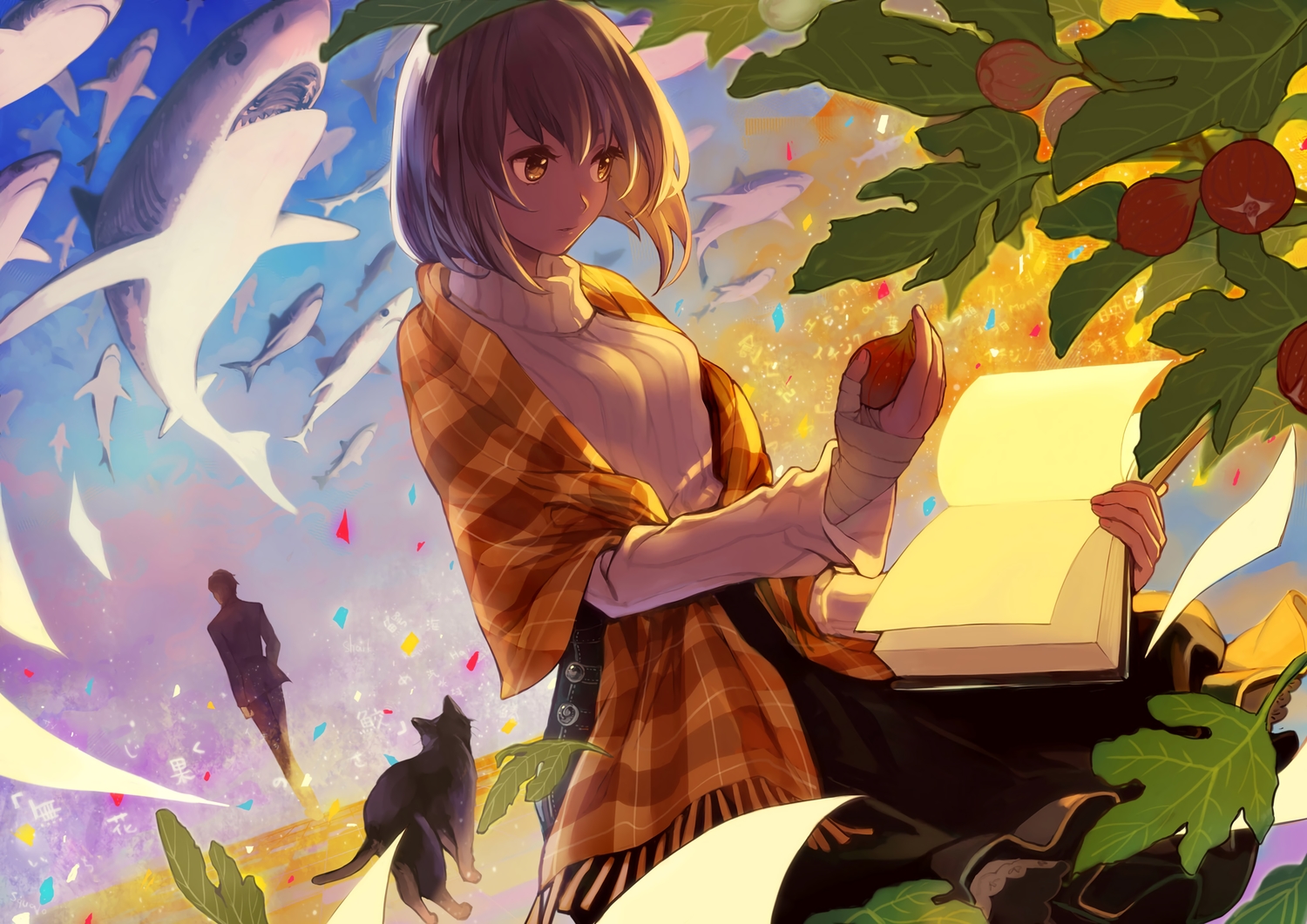 animal, bandage, book, brown_eyes, brown_hair, cat, fish, food, fruit, hachijou_asa, leaves, male, original, short_hair