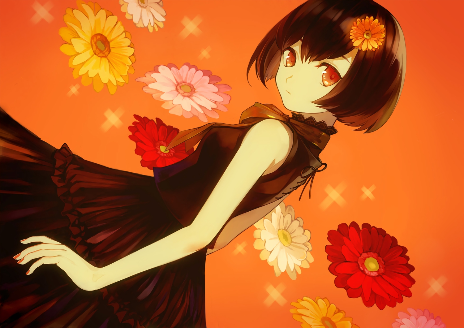 brown_hair, dress, flowers, hachijou_asa, lolita_fashion, orange, orange_eyes, original, short_hair