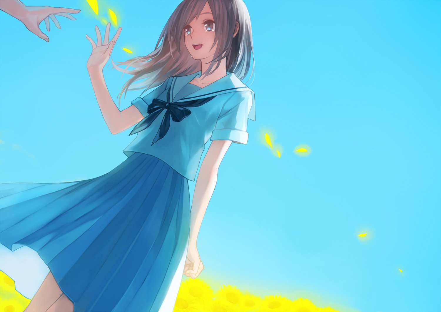 blue_eyes, brown_hair, flowers, hachijou_asa, original, school_uniform, skirt, sunflower