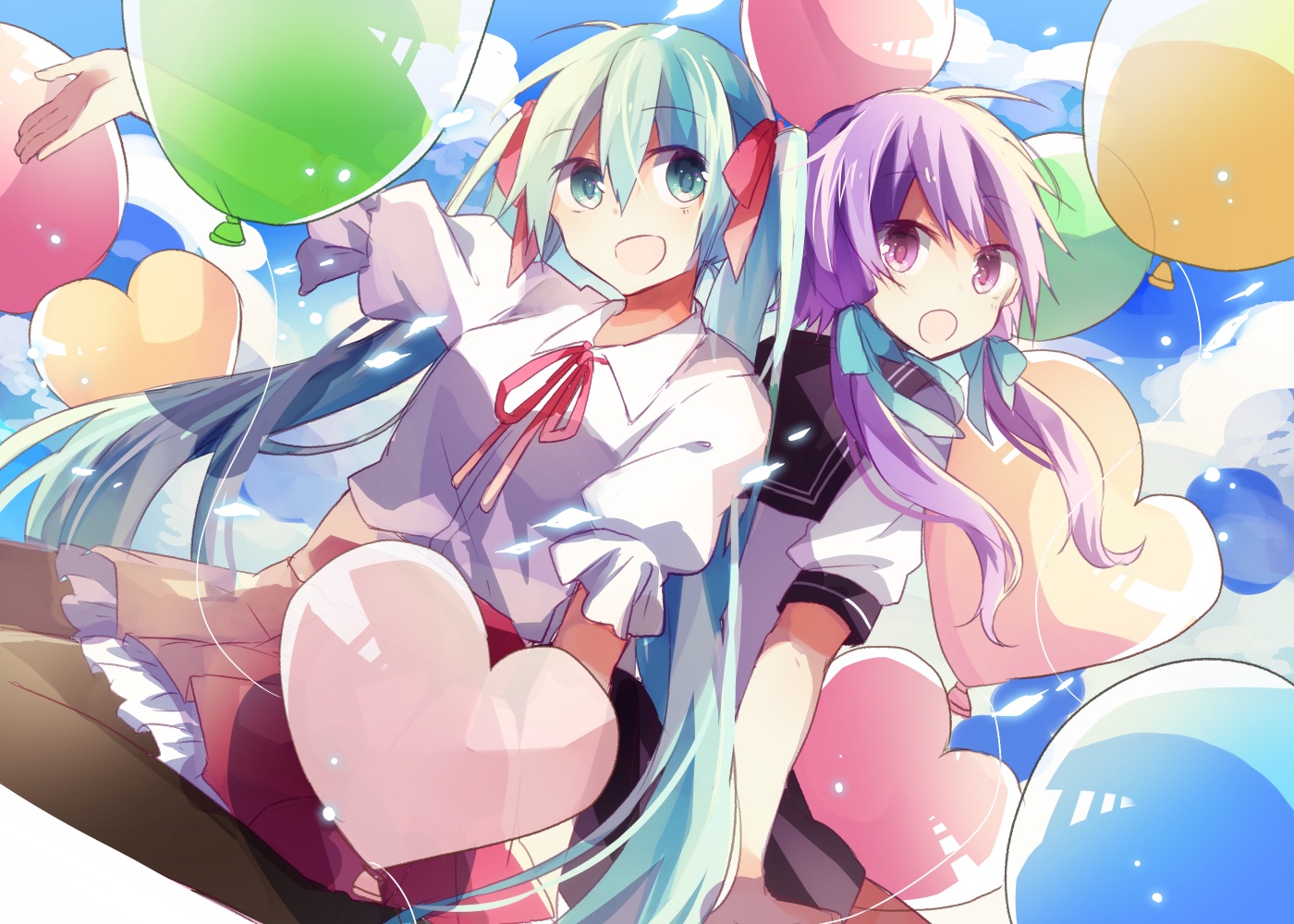 2girls, hatsune_miku, long_hair, pantyhose, ribbons, school_uniform, skirt, twintails