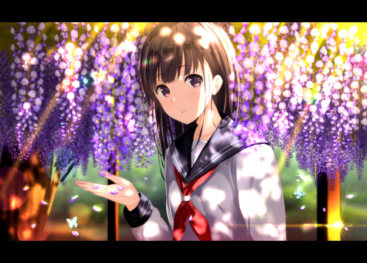 brown_hair, flowers, long_hair, morerin, original, petals, purple_eyes, school_uniform