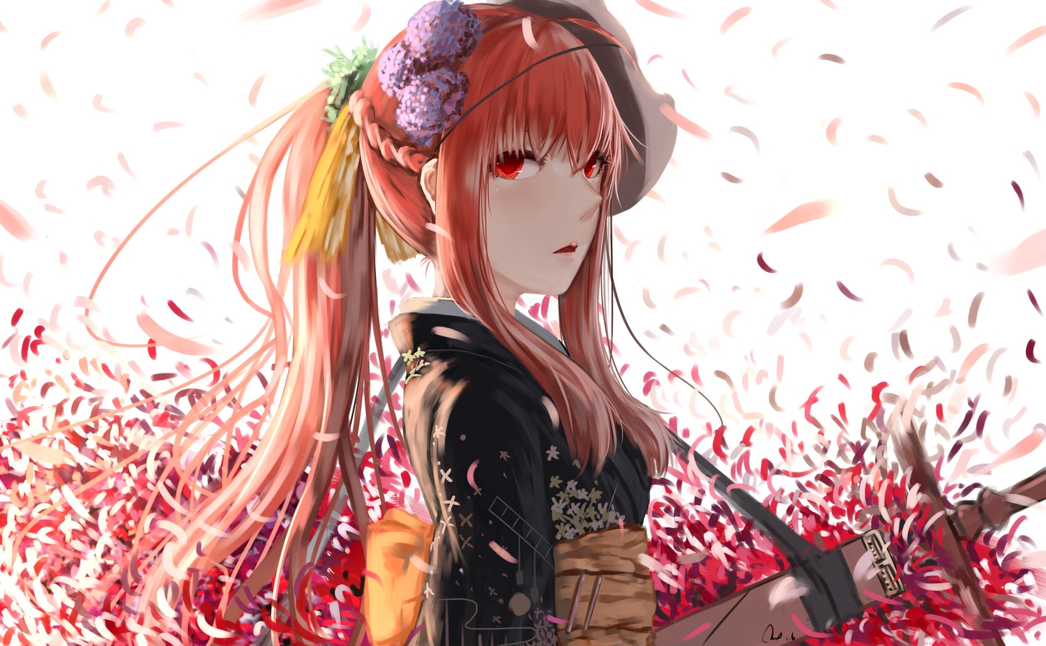 elesis_(elsword), elsword, japanese_clothes, kimono, long_hair, mask, petals, ponytail