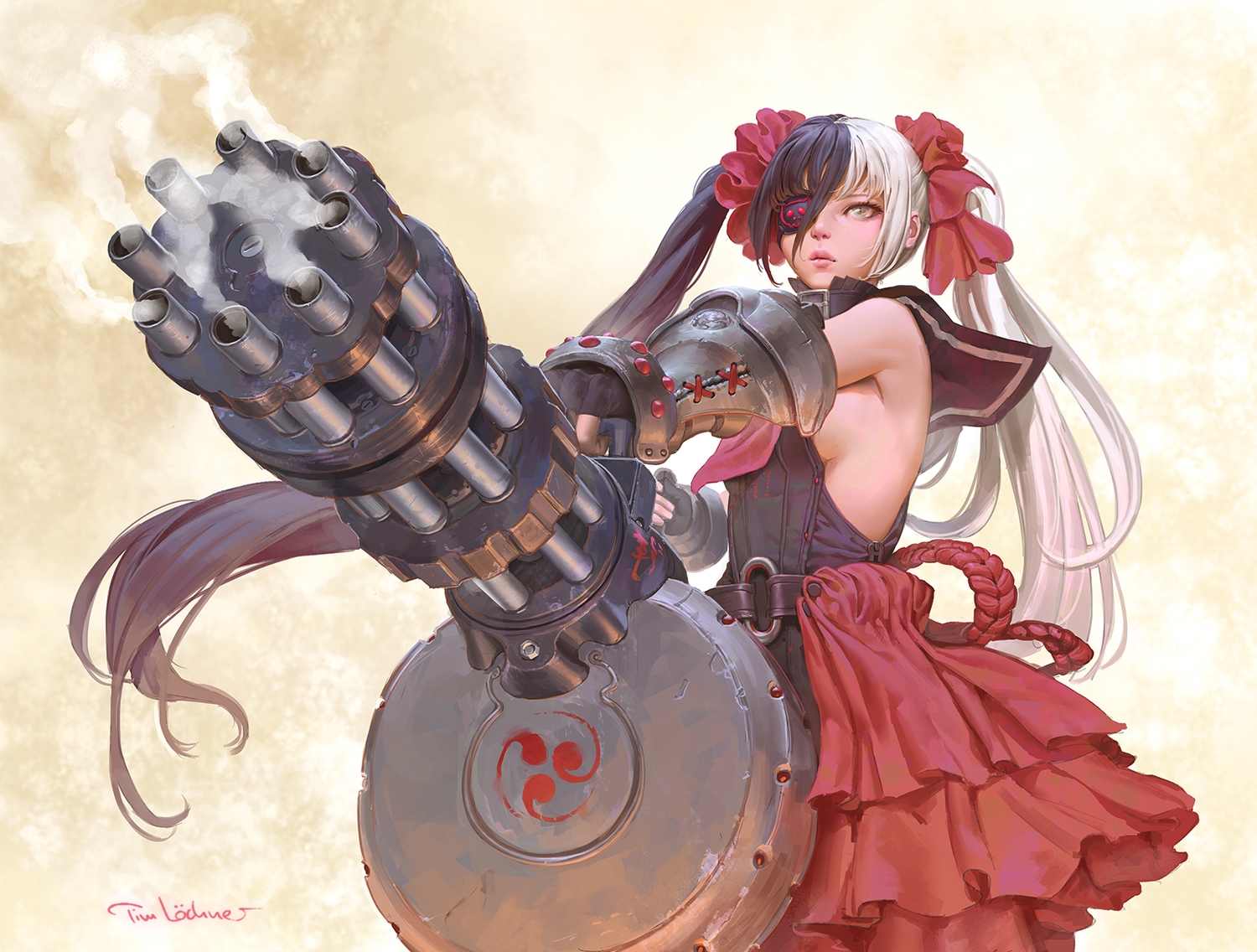 armor, black_hair, blade_&_soul, elbow_gloves, eyepatch, gloves, gray_eyes, gun, long_hair, no_bra, po_hwa_ran, signed, tim_loechner, twintails, weapon, white_hair