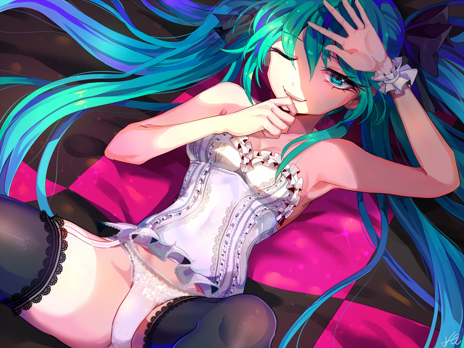 aqua_eyes, aqua_hair, breasts, cleavage, garter_belt, hatsune_miku, mellchi, panties, spread_legs, stockings, thighhighs, twintails, underwear, vocaloid, wink, world_is_mine_(vocaloid), wristwear
