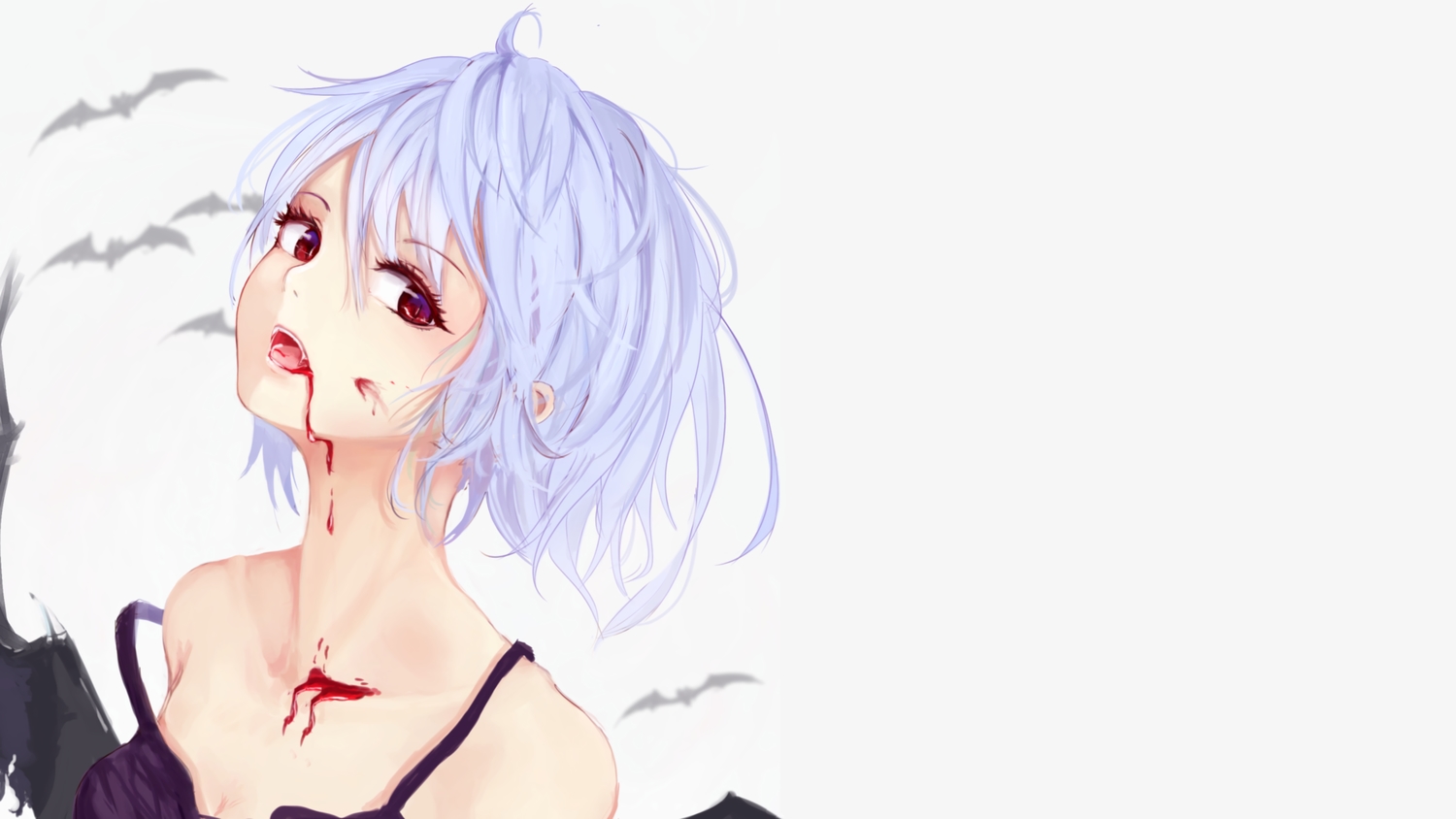 animal, bat, blood, blue_hair, dress, fang, homo_1121, red_eyes