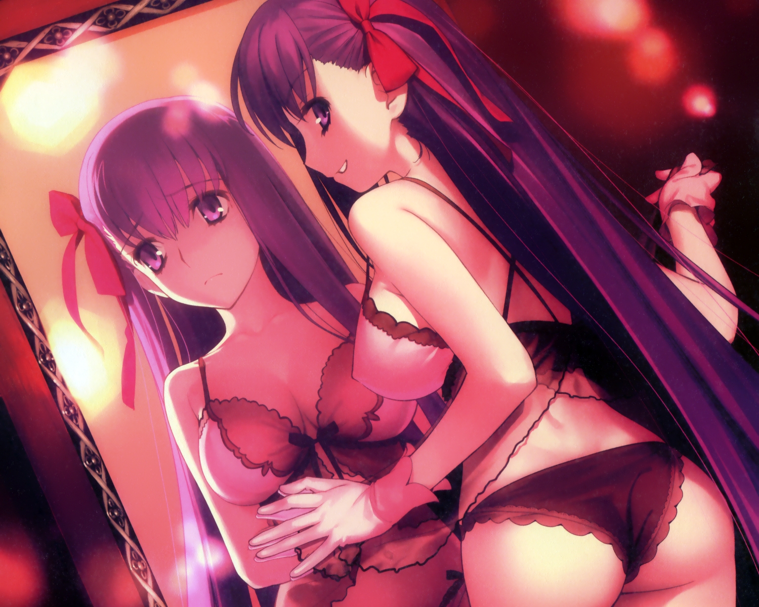 ass, bb_(fate), breasts, cleavage, cropped, erect_nipples, fate/extra, fate/extra_ccc, fate_(series), fate/stay_night, koyama_hirokazu, matou_sakura, mirror, panties, purple_eyes, purple_hair, reflection, scan, thighhighs, type-moon, underwear