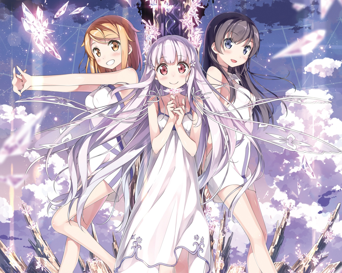 aliasing, black_hair, blonde_hair, blue_eyes, blush, cropped, dorothy_(garakowa), dress, dual_(garakowa), garasu_no_hana_to_kowasu_sekai, kantoku, red_eyes, remo_(garakowa), sky, summer_dress, white_hair, yellow_eyes